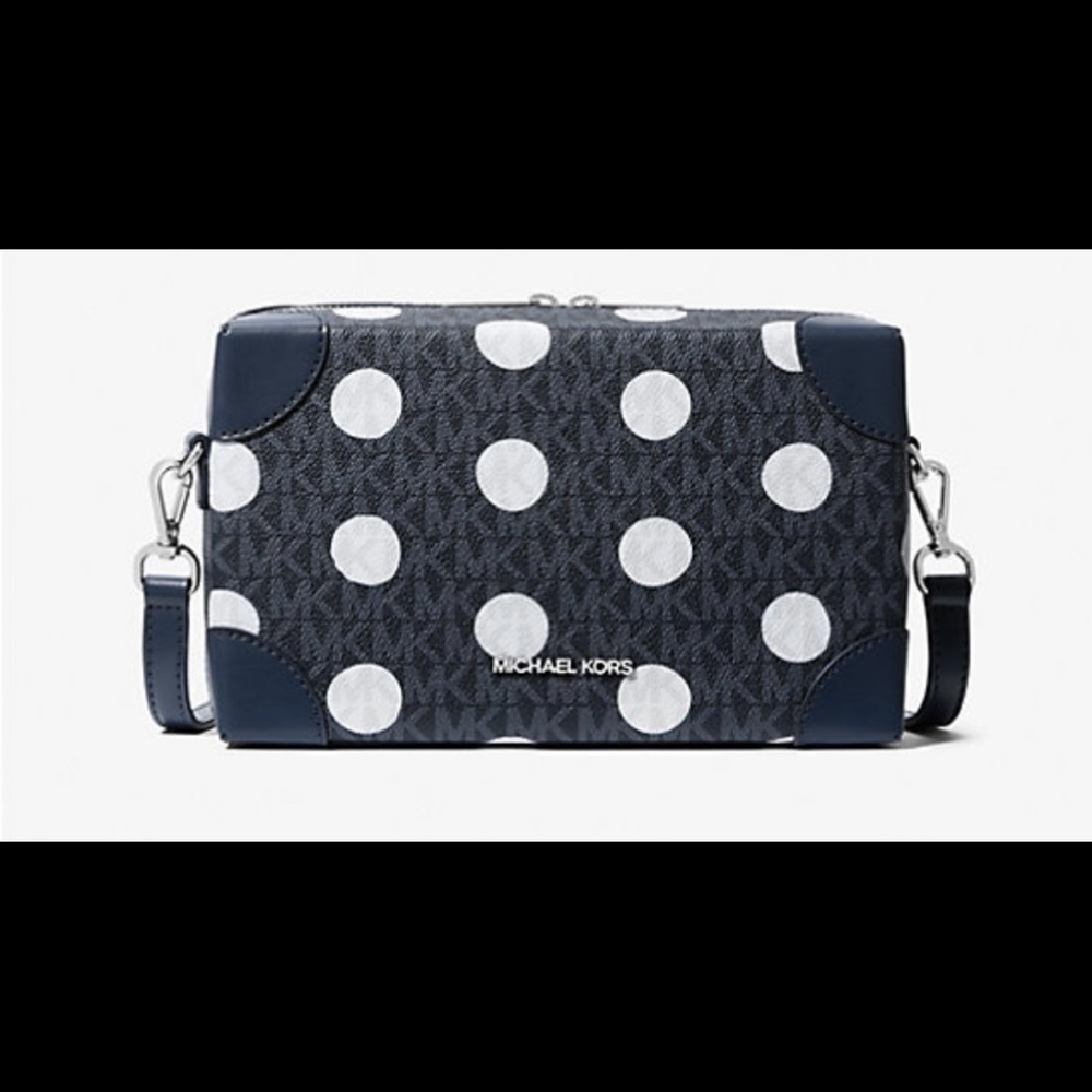 Michael Kors Signature Navy Blue and White Polka Dot Trunk Crossbody Bag NWT